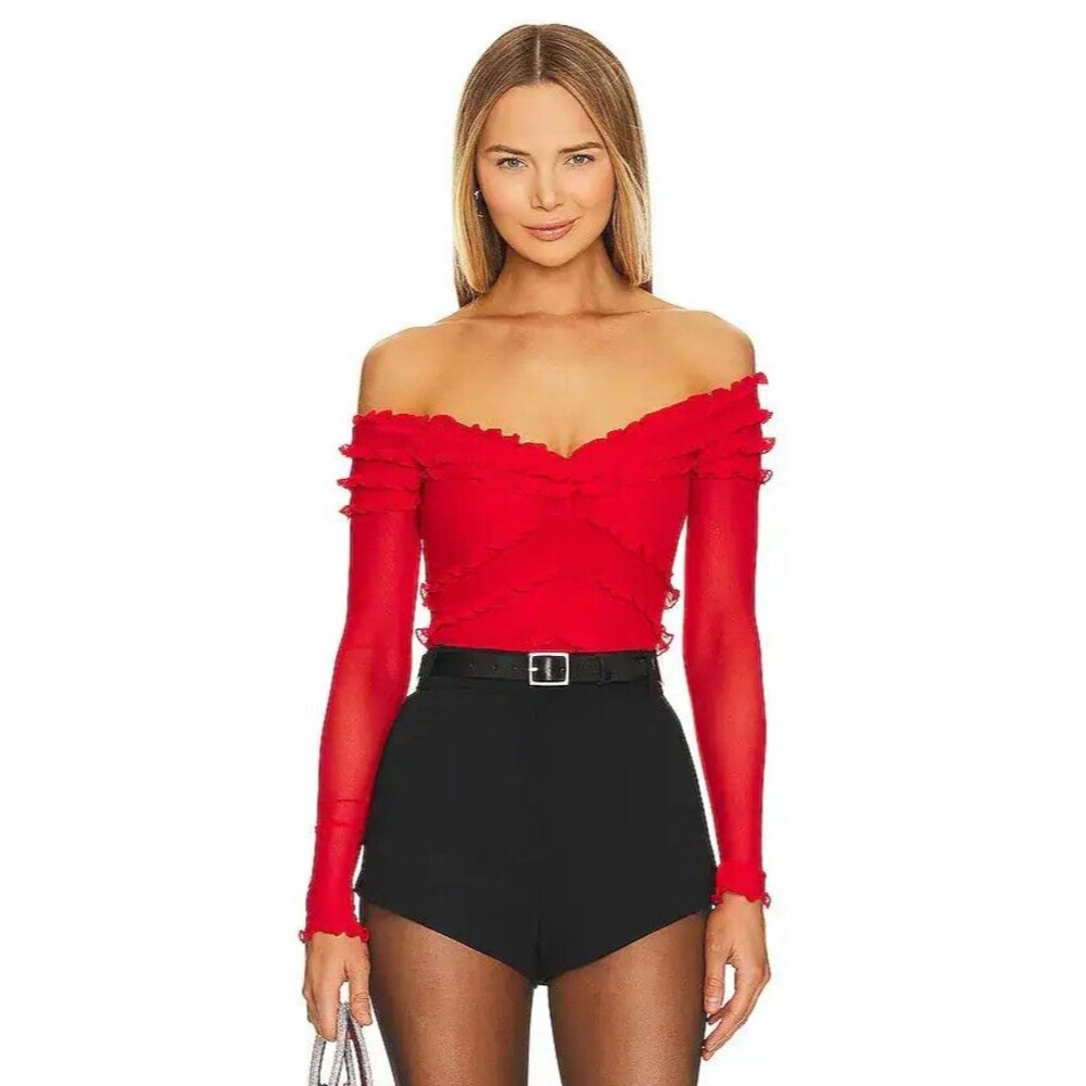 NWT Majorelle Bodysuit Womens XS Red Mesh Ruffle Long Sleeve Scoop Neck